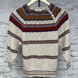 Alberoy Striped Half Sleeve Crochet Sweater Womens Shoulder Buttons Boho Vintage